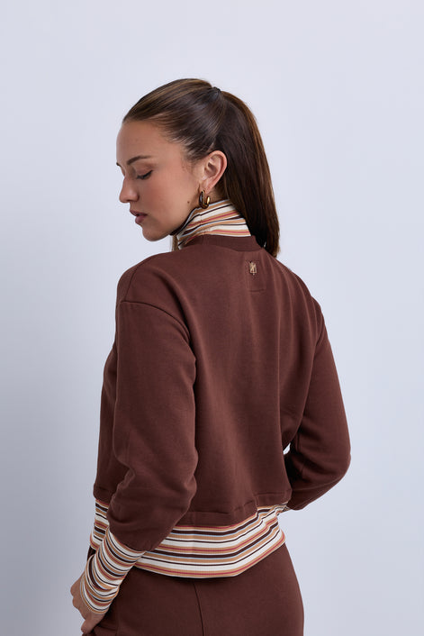 Boxy Sweatshirt with Striped Neck Cuffs and Bottom Band
