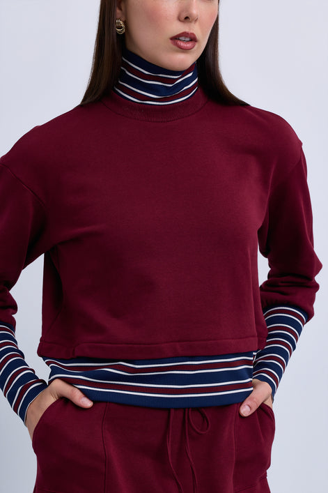 Boxy Sweatshirt with Striped Neck Cuffs and Bottom Band