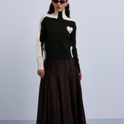 Double Pleat Fine Wool Maxi Skirt with Gold Clasp Leather. Belt