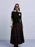 Double Pleat Fine Wool Maxi Skirt with Gold Clasp Leather. Belt - Khaki Brown