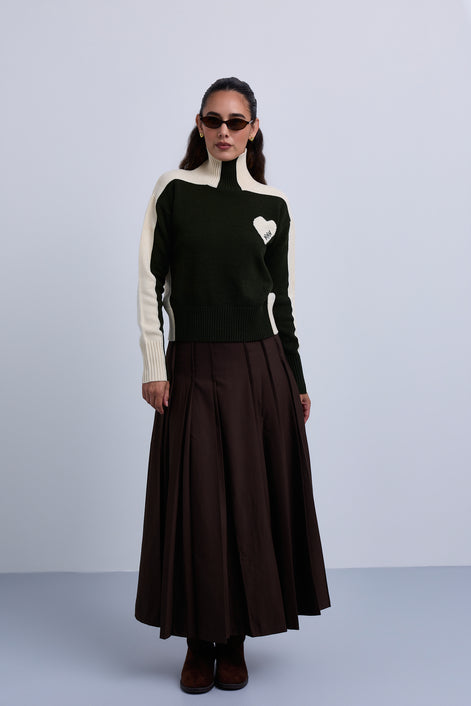 Double Pleat Fine Wool Maxi Skirt with Gold Clasp Leather. Belt
