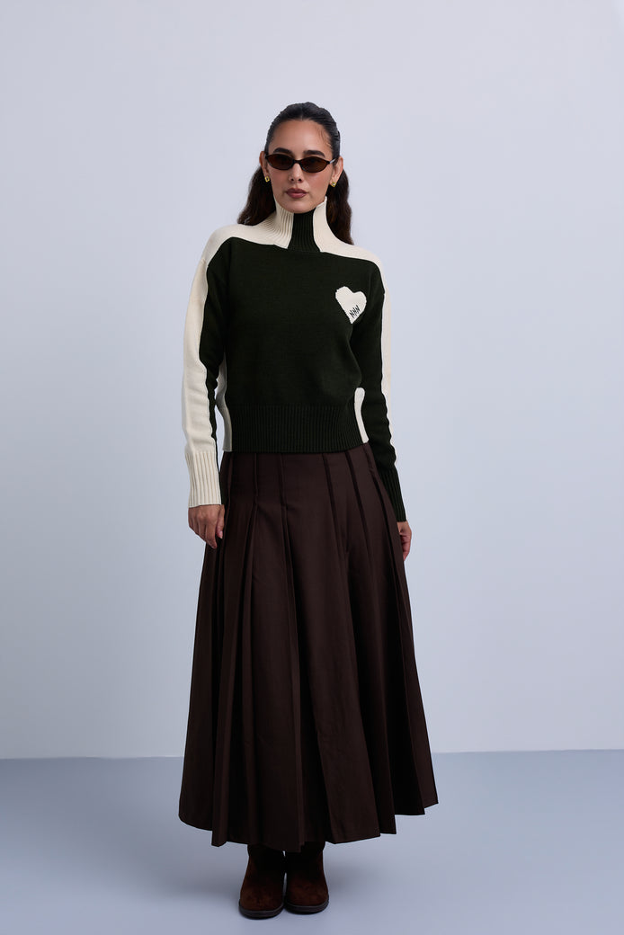 Double Pleat Fine Wool Maxi Skirt with Gold Clasp Leather. Belt - Khaki Brown
