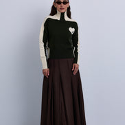 Double Pleat Fine Wool Maxi Skirt with Gold Clasp Leather. Belt