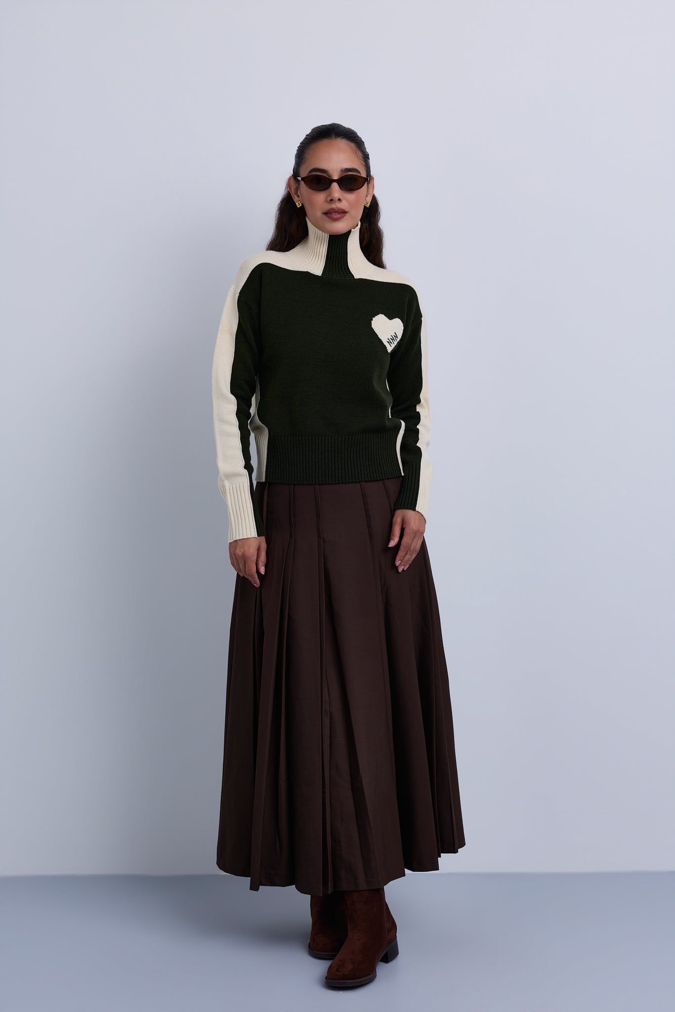 Double Pleat Fine Wool Maxi Skirt with Gold Clasp Leather. Belt