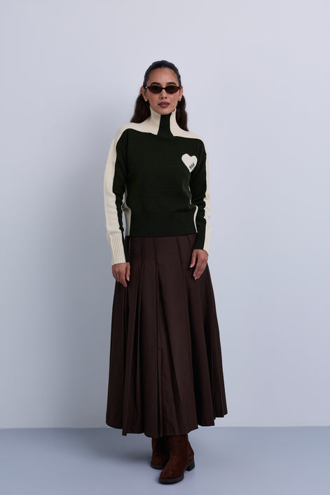 Double Pleat Fine Wool Maxi Skirt with Gold Clasp Leather. Belt