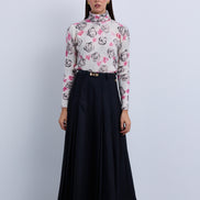 Double Pleat Fine Wool Maxi Skirt with Gold Clasp Leather. Belt