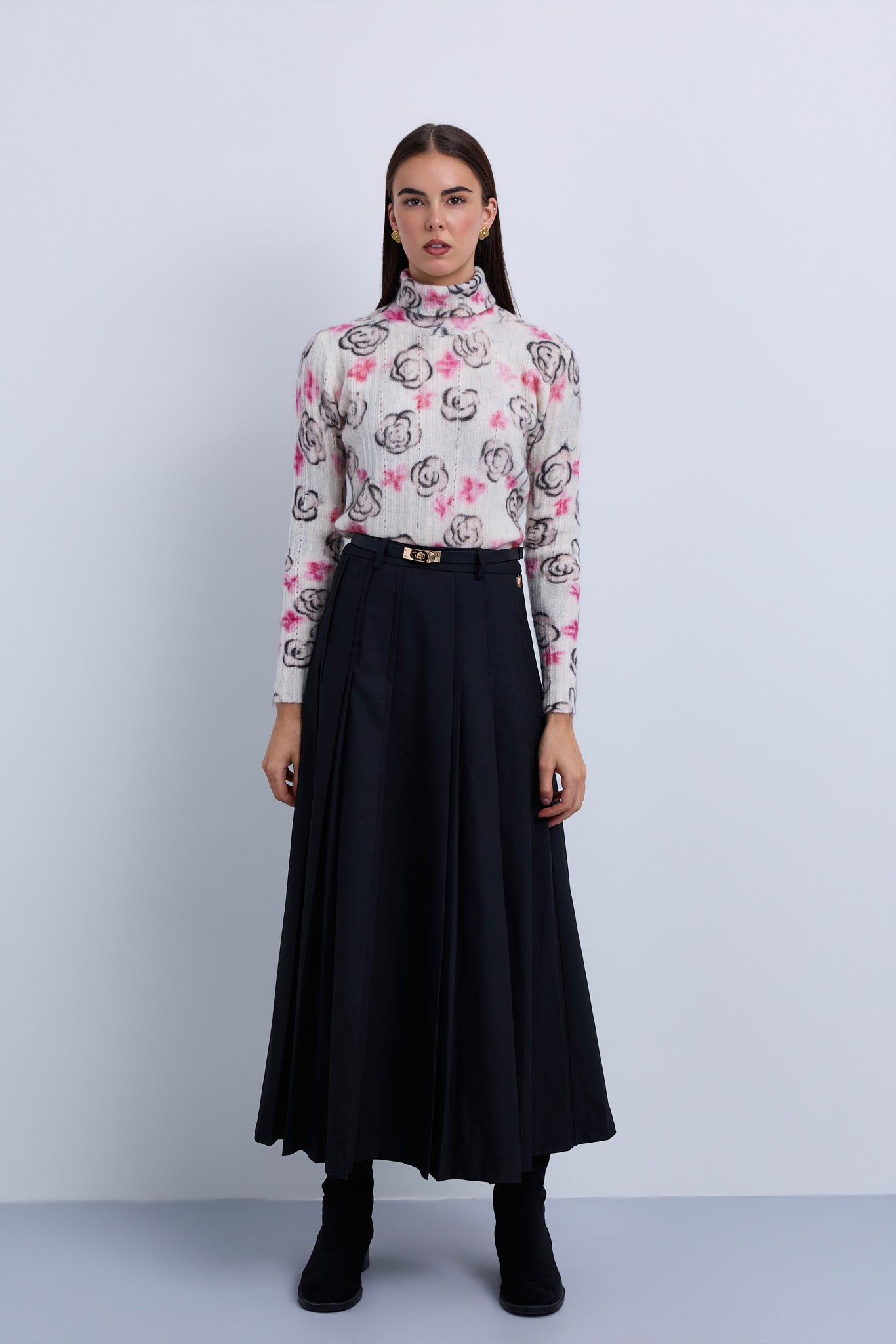 Double Pleat Fine Wool Maxi Skirt with Gold Clasp Leather. Belt