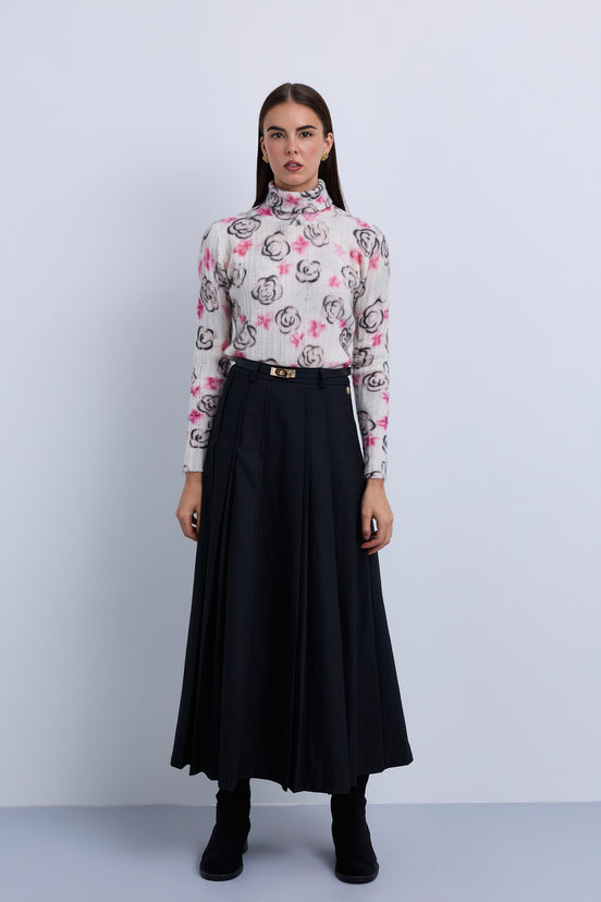 Double Pleat Fine Wool Maxi Skirt with Gold Clasp Leather. Belt