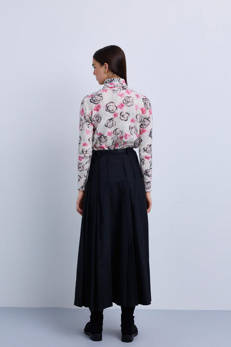Double Pleat Fine Wool Maxi Skirt with Gold Clasp Leather. Belt