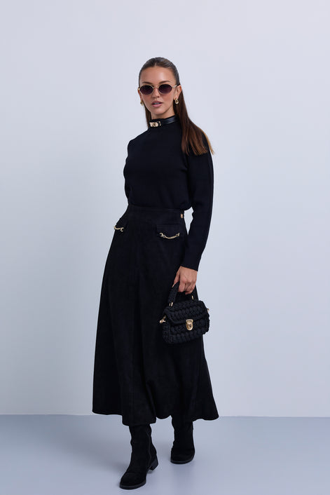 Aline Suede Skirt with Chain Pocket Design