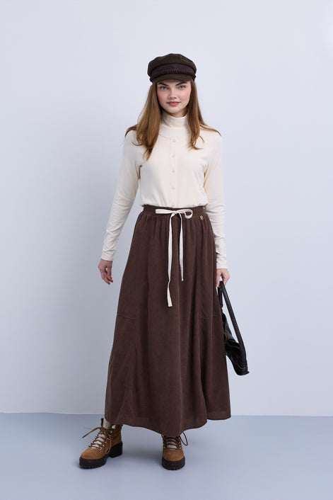 Fine Cord Maxi Skirt with Side Panel Seam Details