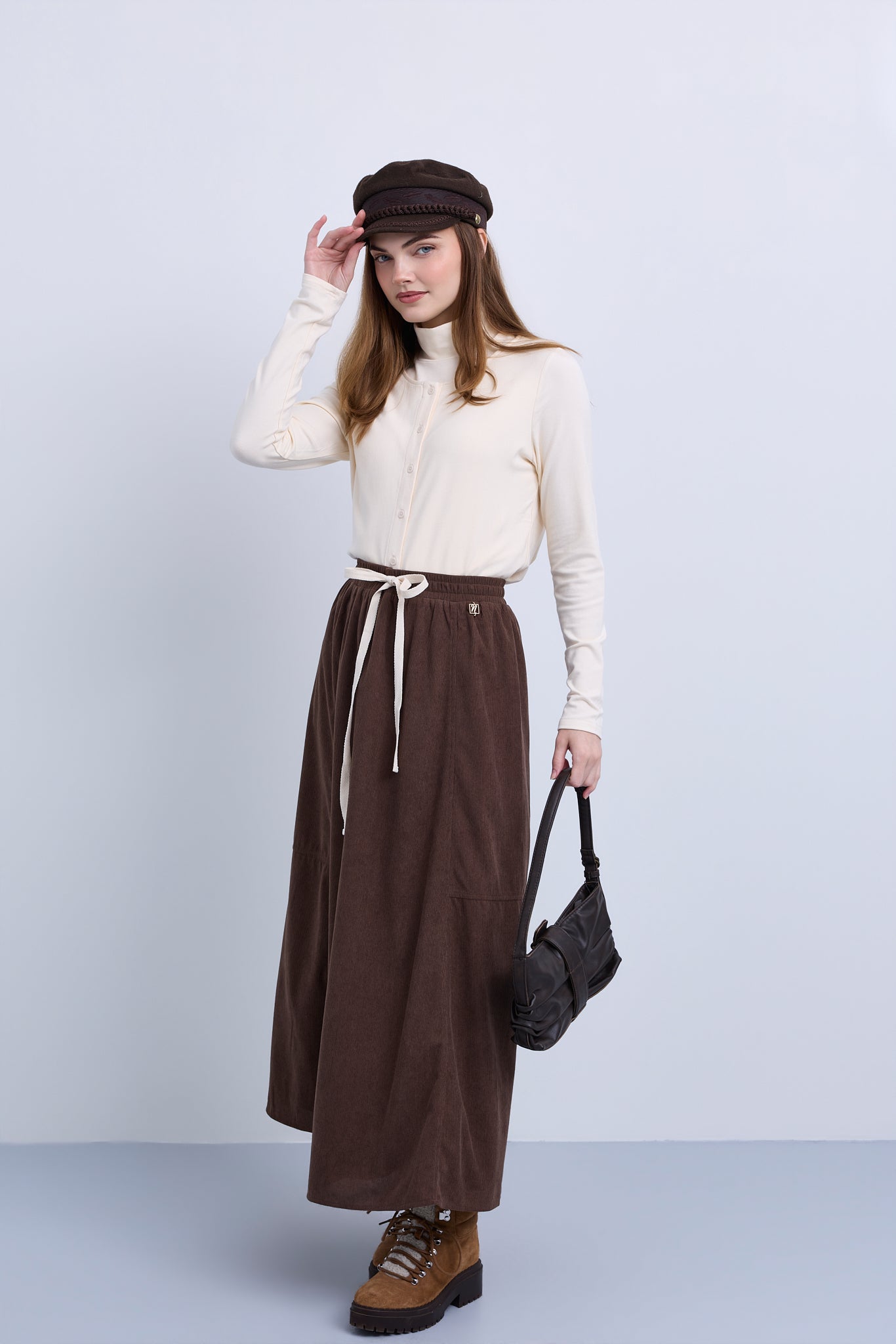 Fine Cord Maxi Skirt with Side Panel Seam Details