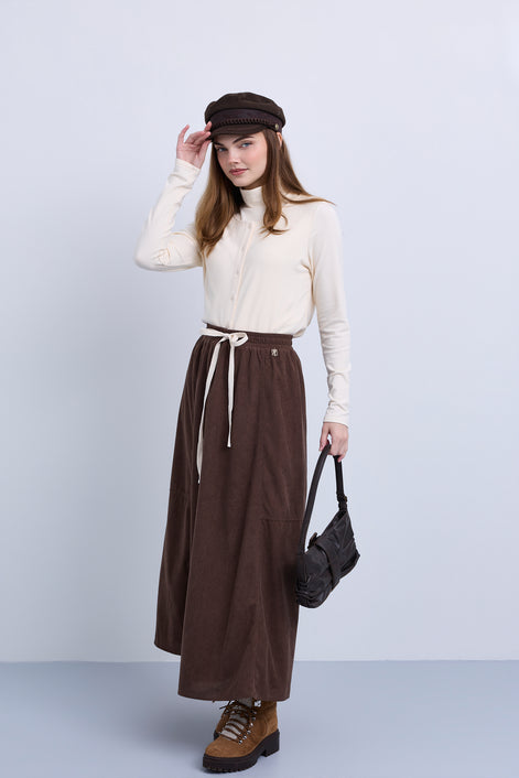 Fine Cord Maxi Skirt with Side Panel Seam Details