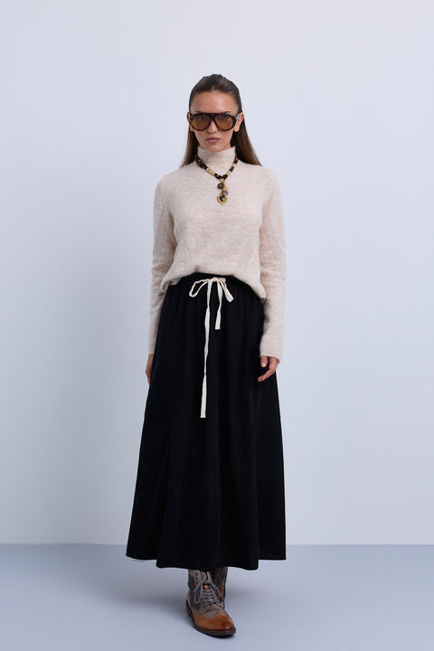 Fine Cord Maxi Skirt with Side Panel Seam Details