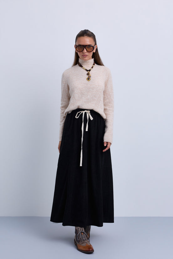Fine Cord Maxi Skirt with Side Panel Seam Details