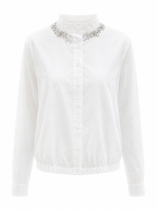 Collarless Shirt with Crystal Embellished Neckline