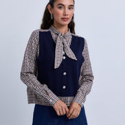 Check Neck Tie Blouse with Attached Knitwear