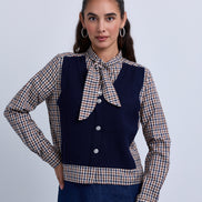 Check Neck Tie Blouse with Attached Knitwear