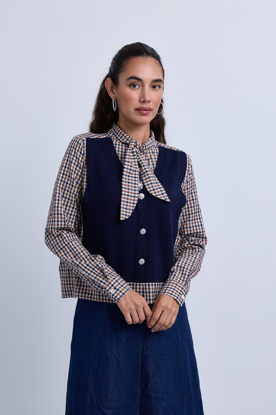 Check Neck Tie Blouse with Attached Knitwear