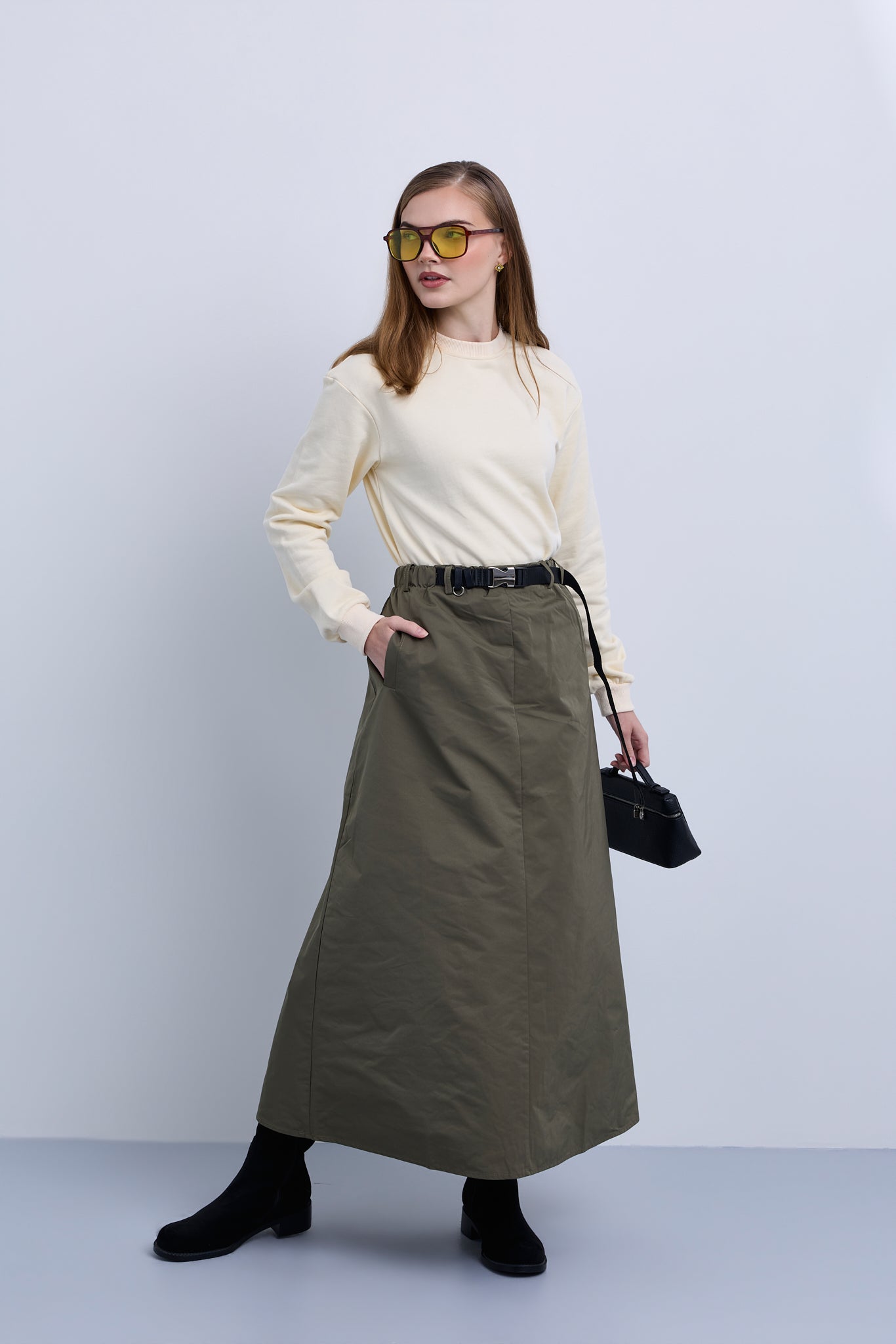 Aline Taffeta Skirt with Seatbelt Buckle Belt