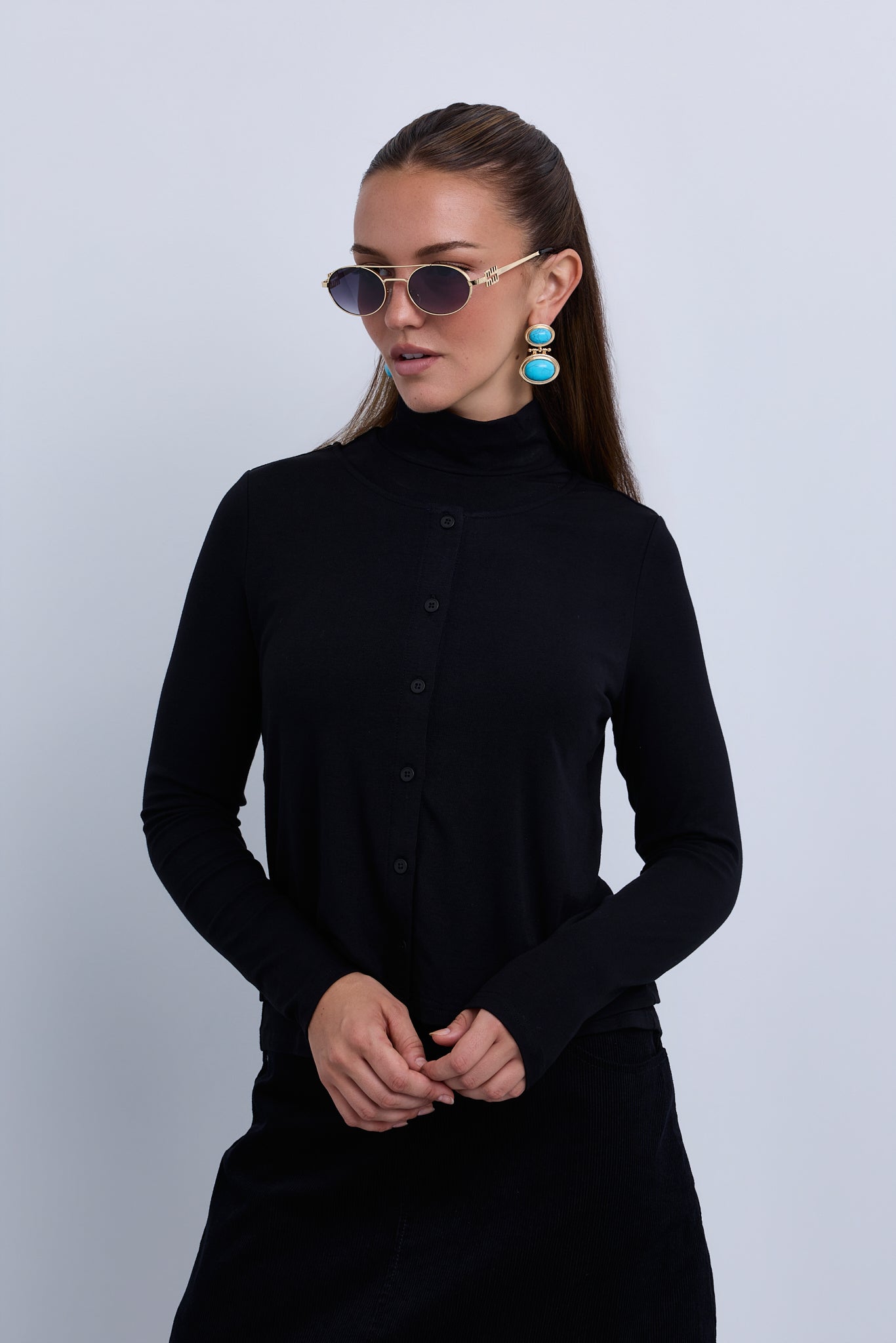2in1 Look Button Front High Neck Jersey Top