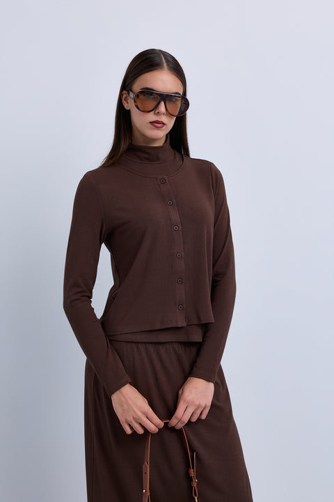 2in1 Look Button Front High Neck Jersey Top - Brown