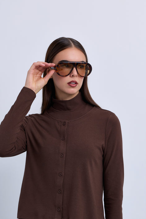 2in1 Look Button Front High Neck Jersey Top
