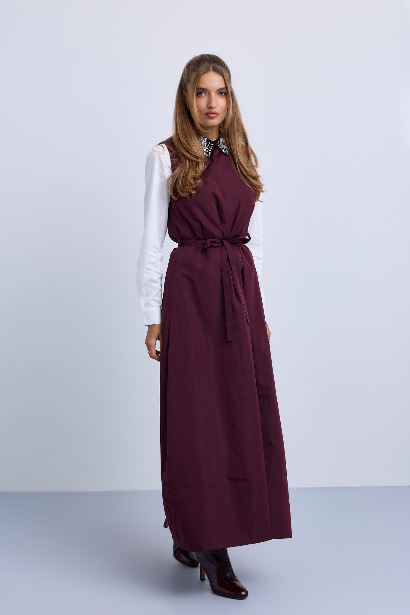 Taffeta Maxi Dress with Embellished Collar and Free Tie Belt