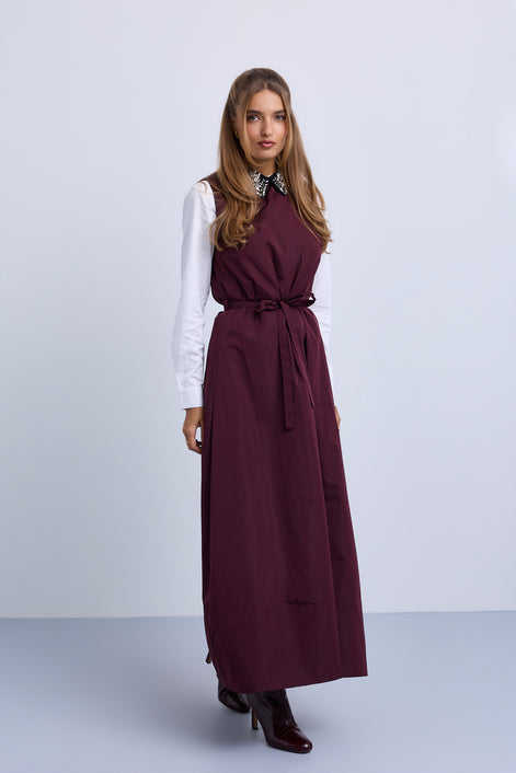 Taffeta Maxi Dress with Embellished Collar and Free Tie Belt