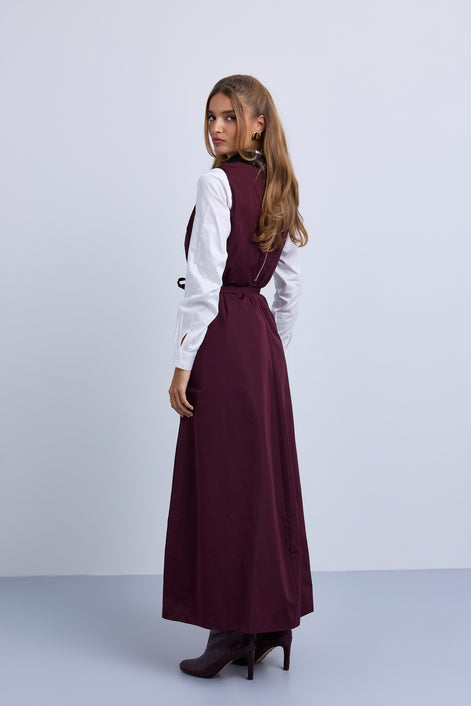Taffeta Maxi Dress with Embellished Collar and Free Tie Belt