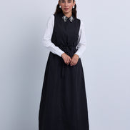 Taffeta Maxi Dress with Embellished Collar and Free Tie Belt
