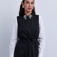 Taffeta Maxi Dress with Embellished Collar and Free Tie Belt