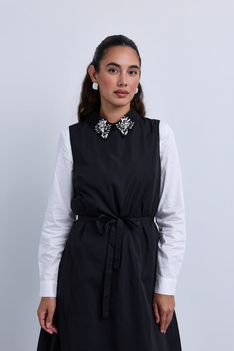Taffeta Maxi Dress with Embellished Collar and Free Tie Belt