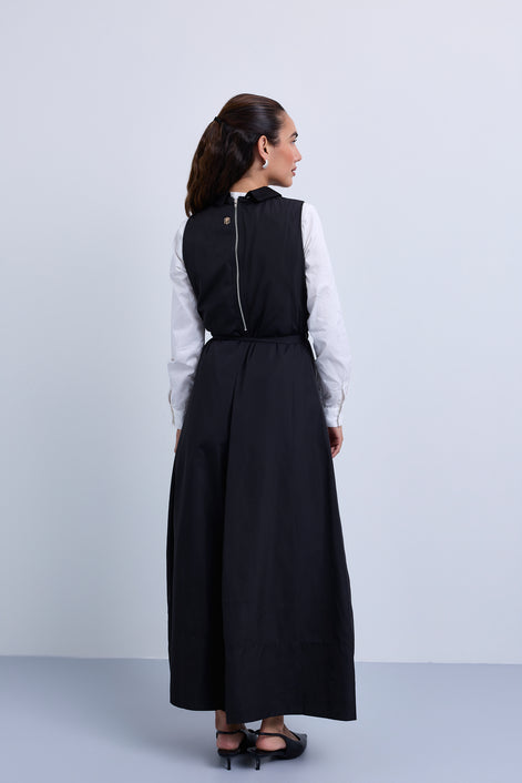 Taffeta Maxi Dress with Embellished Collar and Free Tie Belt