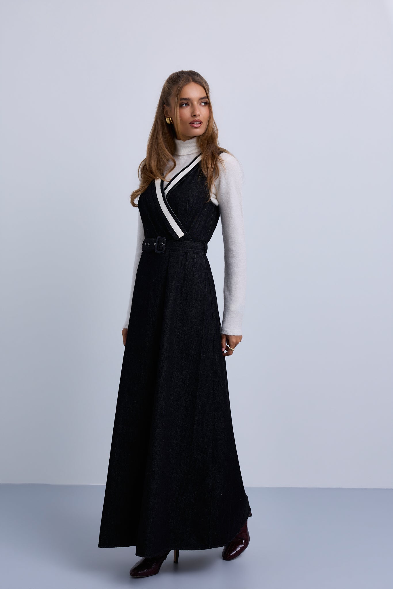 V-Neck Belted Denim Dress with NNN Tape Shoulders