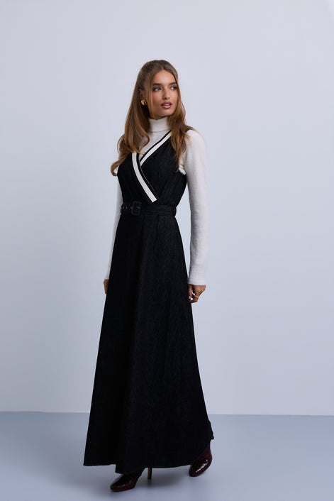 V-Neck Belted Denim Dress with NNN Tape Shoulders