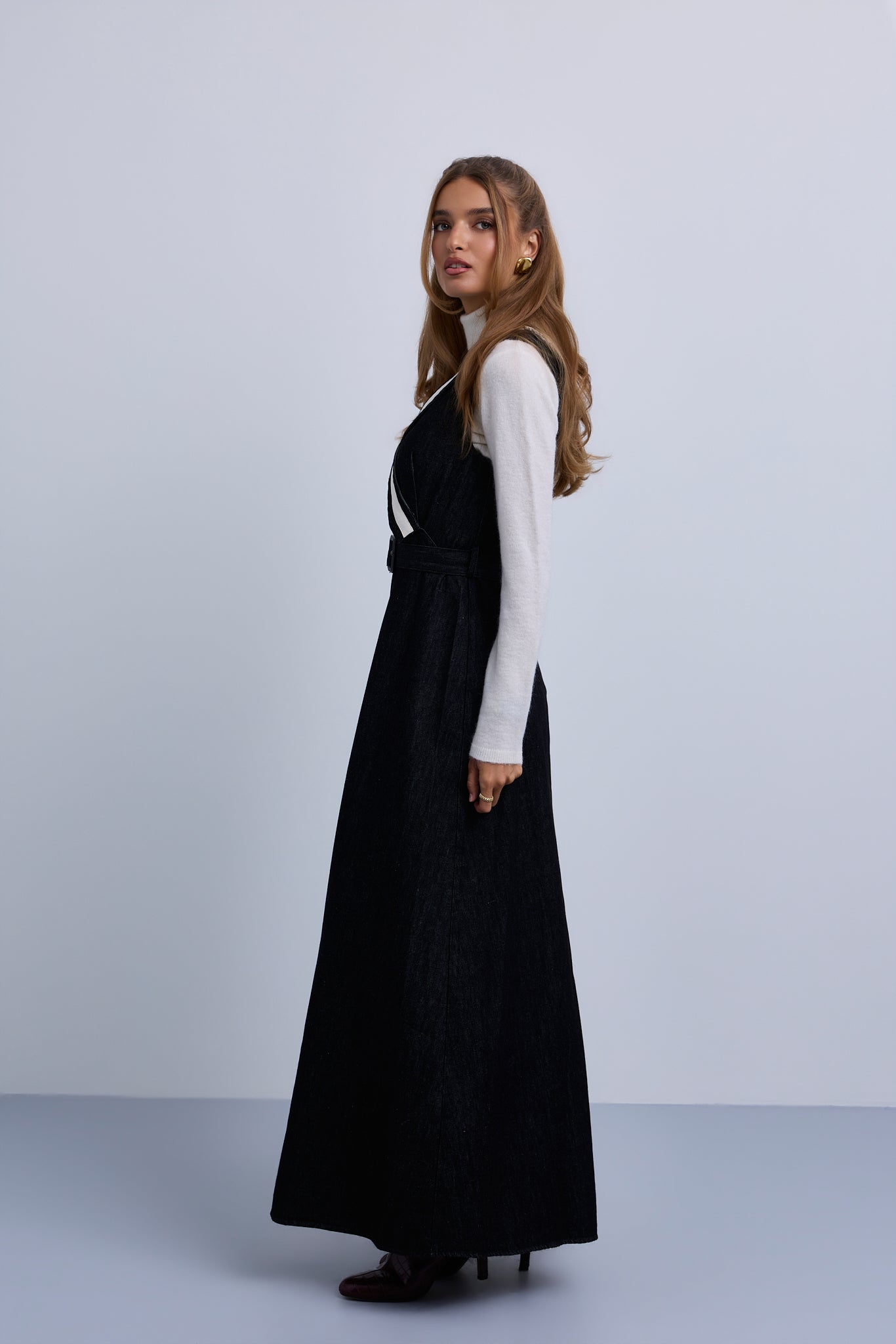 V-Neck Belted Denim Dress with NNN Tape Shoulders