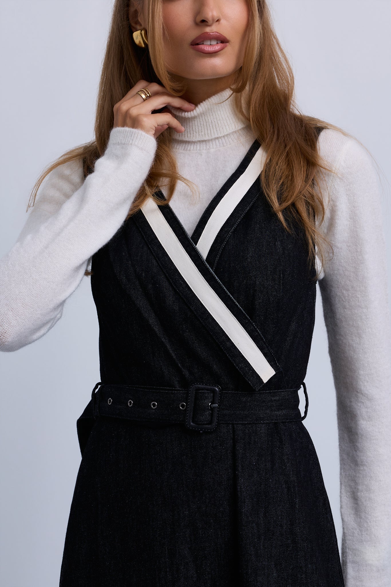 V-Neck Belted Denim Dress with NNN Tape Shoulders
