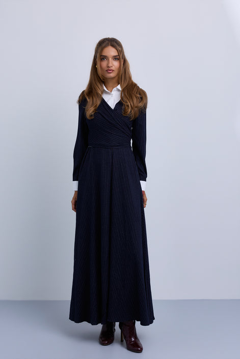 Pinstripe Wrap Dress with Collar Insert
