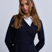 Pinstripe Wrap Dress with Collar Insert