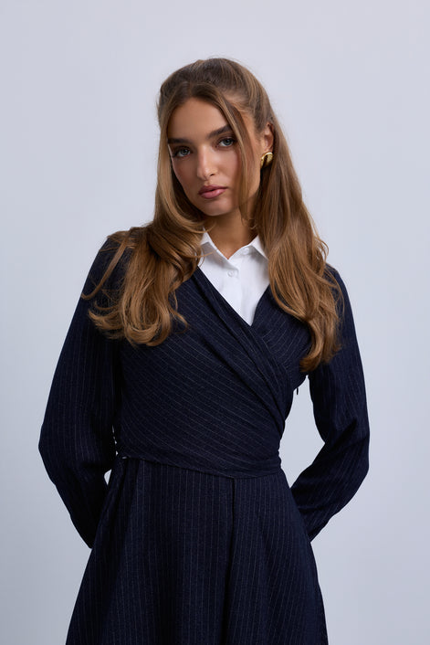 Pinstripe Wrap Dress with Collar Insert