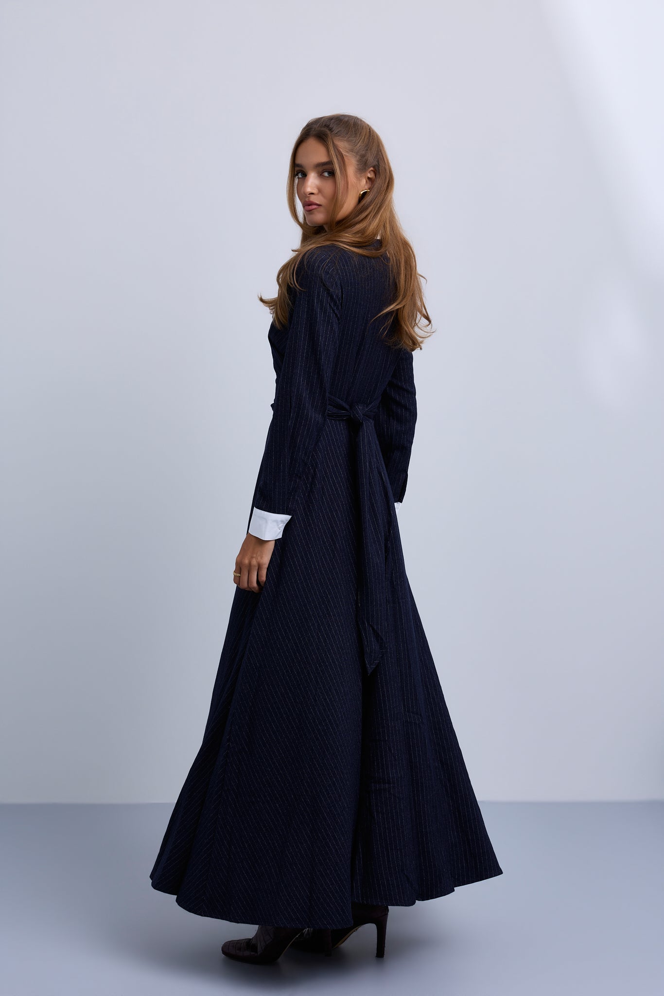 Pinstripe Wrap Dress with Collar Insert