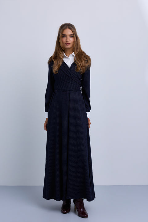 Pinstripe Wrap Dress with Collar Insert
