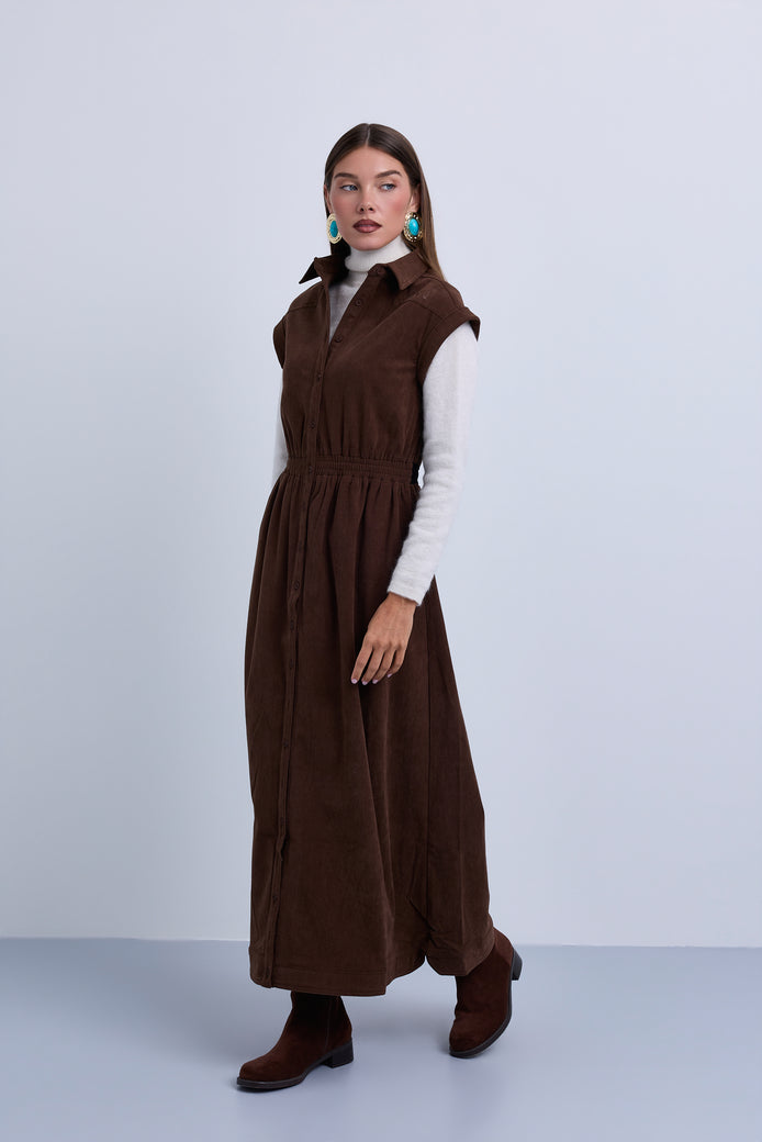 Dropped Shoulder Contrast Gathered Waistband Sleeveless Maxi Dress - Brown