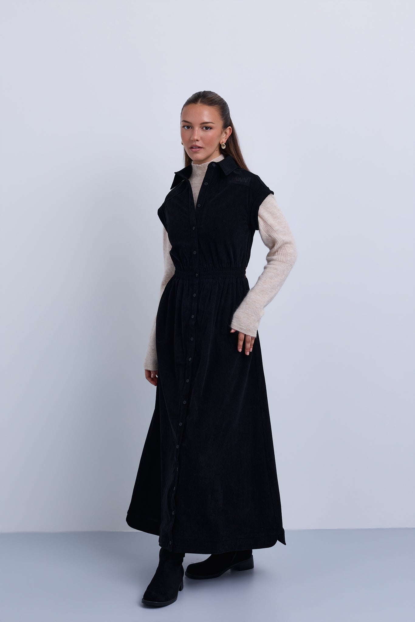 Dropped Shoulder Contrast Gathered Waistband Sleeveless Maxi Dress