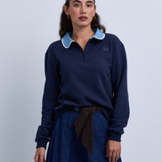 Denim Collar Sweatshirt with Knitted Crossbody