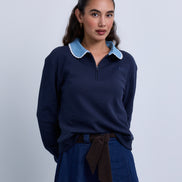 Denim Collar Sweatshirt with Knitted Crossbody