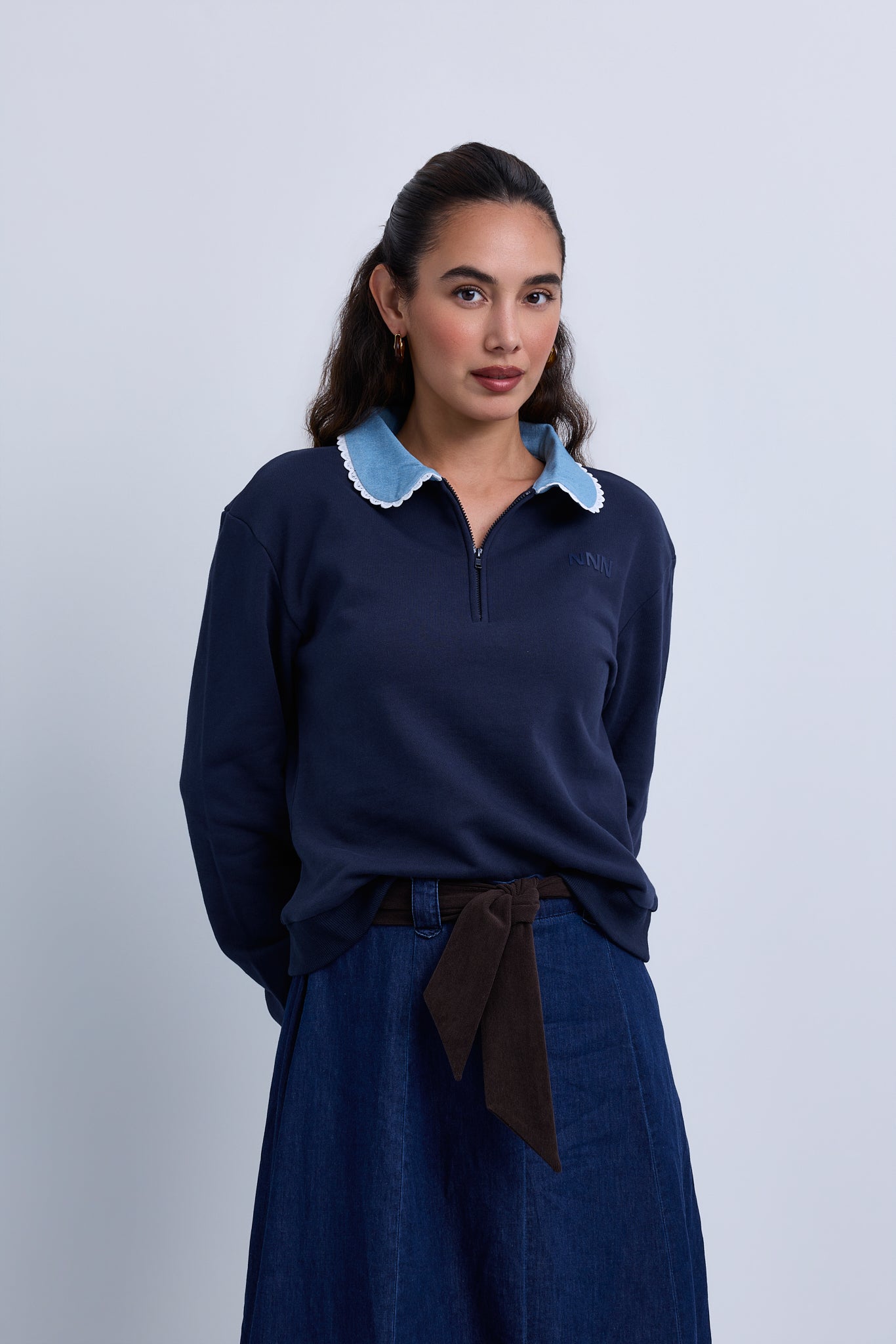 Denim Collar Sweatshirt with Knitted Crossbody