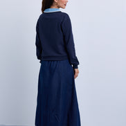 Denim Collar Sweatshirt with Knitted Crossbody