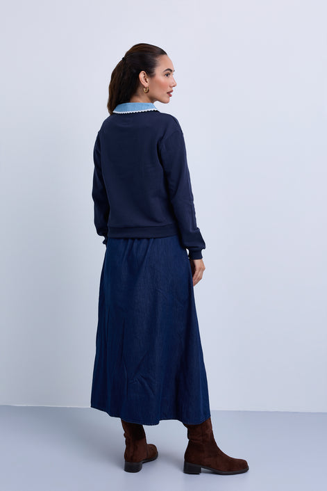 Denim Collar Sweatshirt with Knitted Crossbody